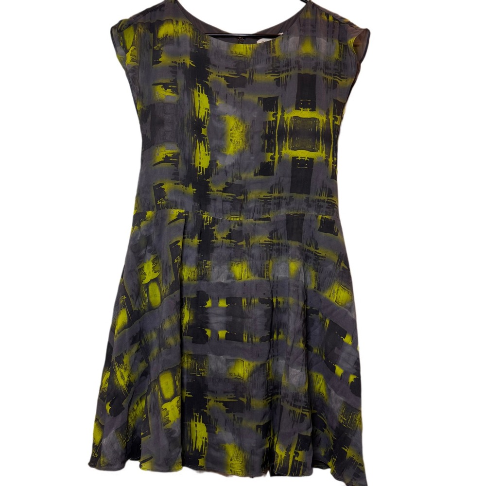 Alice + Olivia Scoop Dress XS Silk Grey Yellow Abstract‎ Sleeveless Y2K